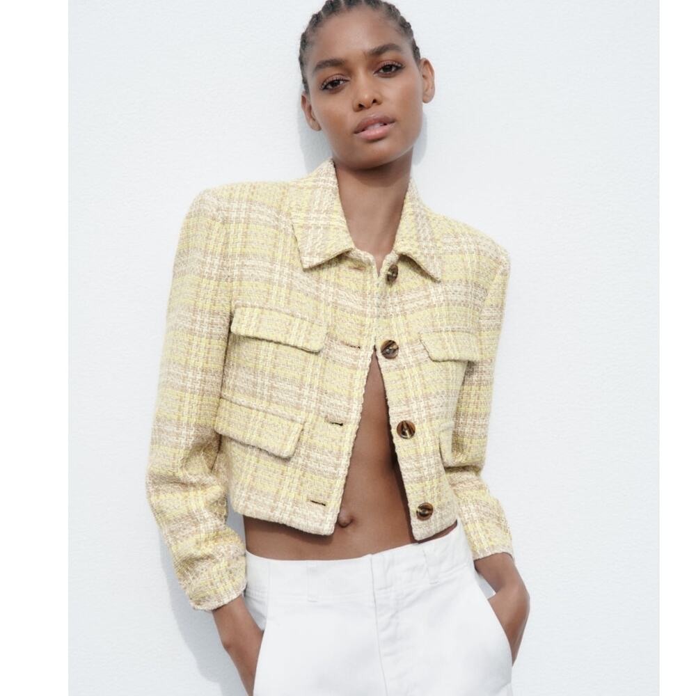 NWT Zara Textured Crop Blazer Yellow & Brown Plaid Pocket Chic Preppy Size M - Picture 1 of 9